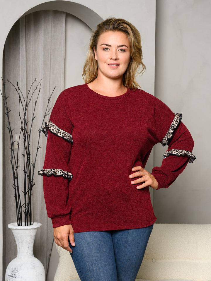PLUS SIZE LONG RUFFLE SLEEVE ANIMAL PRINT DETAILED TOP