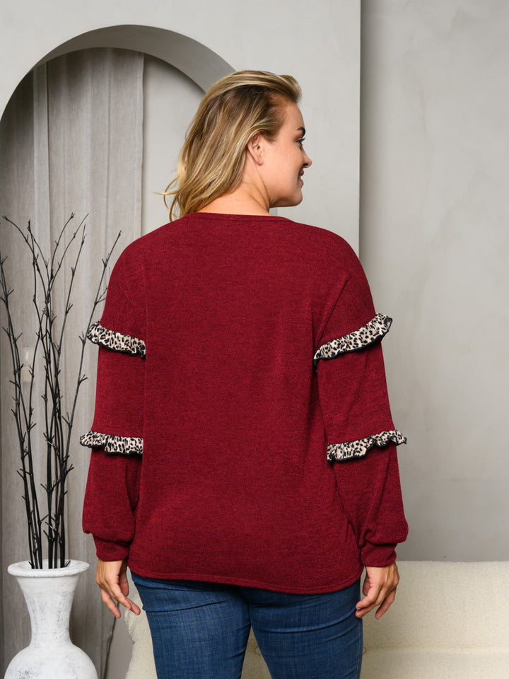 PLUS SIZE LONG RUFFLE SLEEVE ANIMAL PRINT DETAILED TOP