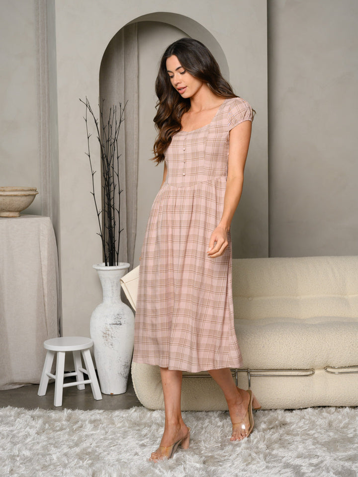 WOMEN'S SWEETHEART NECK PLAID BUTTON UP MIDI DRESS