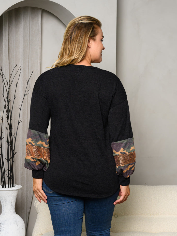 PLUS SIZE LONG PUFF SLEEVE CAMO SEQUINS DETAILED TOP