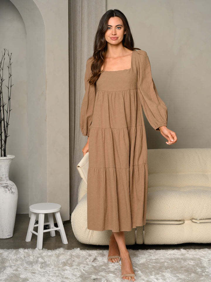 WOMEN'S SQUARE NECK MULTI TIERED LONG SLEEVES BABYDOLL MIDI DRESS
