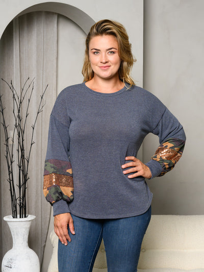 PLUS SIZE LONG PUFF SLEEVE CAMO SEQUINS DETAILED TOP