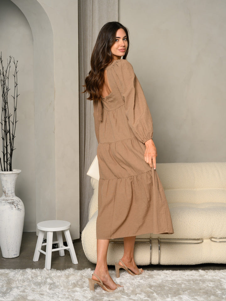 WOMEN'S SQUARE NECK MULTI TIERED LONG SLEEVES BABYDOLL MIDI DRESS