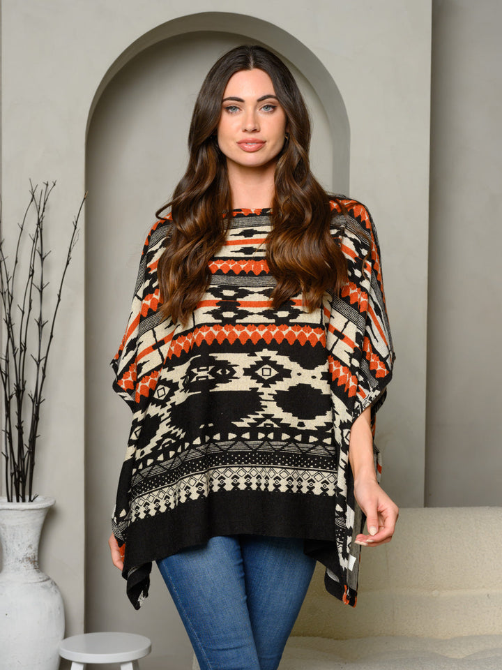 WOMEN'S SHORT SLEEVE RUFFLE MULTI PRINT PONCHO TOP