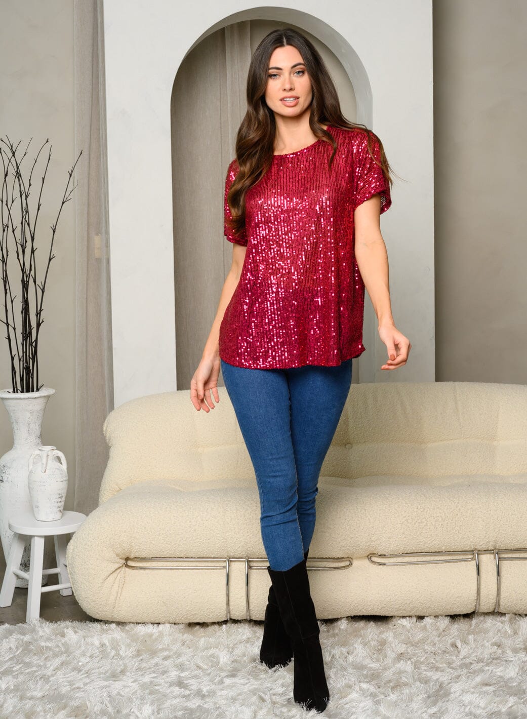 WOMEN'S SHORT SLEEVE SEQUINS TUNIC TOP