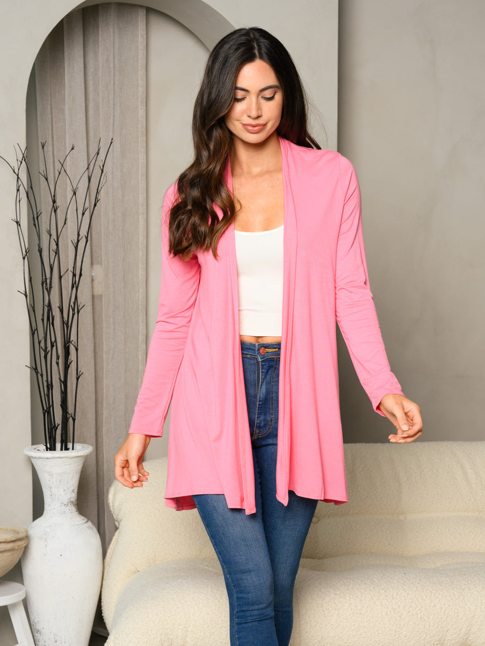 WOMEN'S LONG SLEEVE SOLID OPEN CARDIGAN