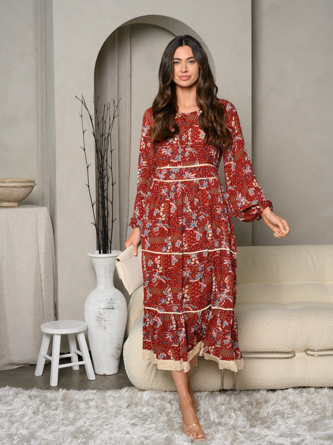 WOMEN'S LONG SLEEVE FLORAL PRINT TIERED MAXI DRESS