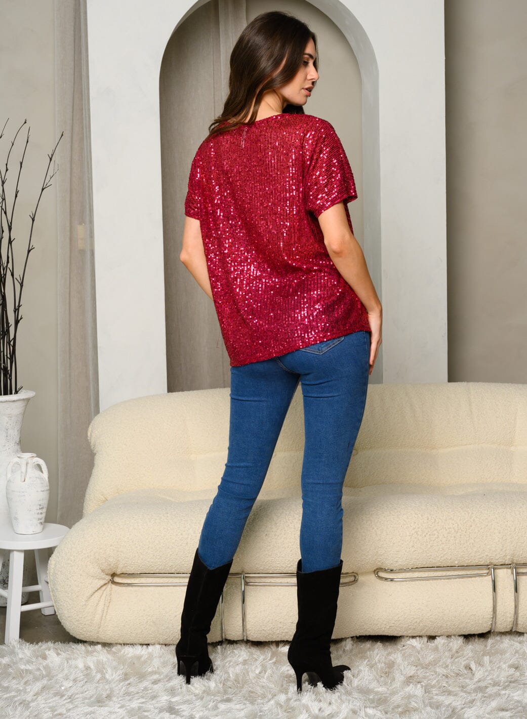WOMEN'S SHORT SLEEVE SEQUINS TUNIC TOP