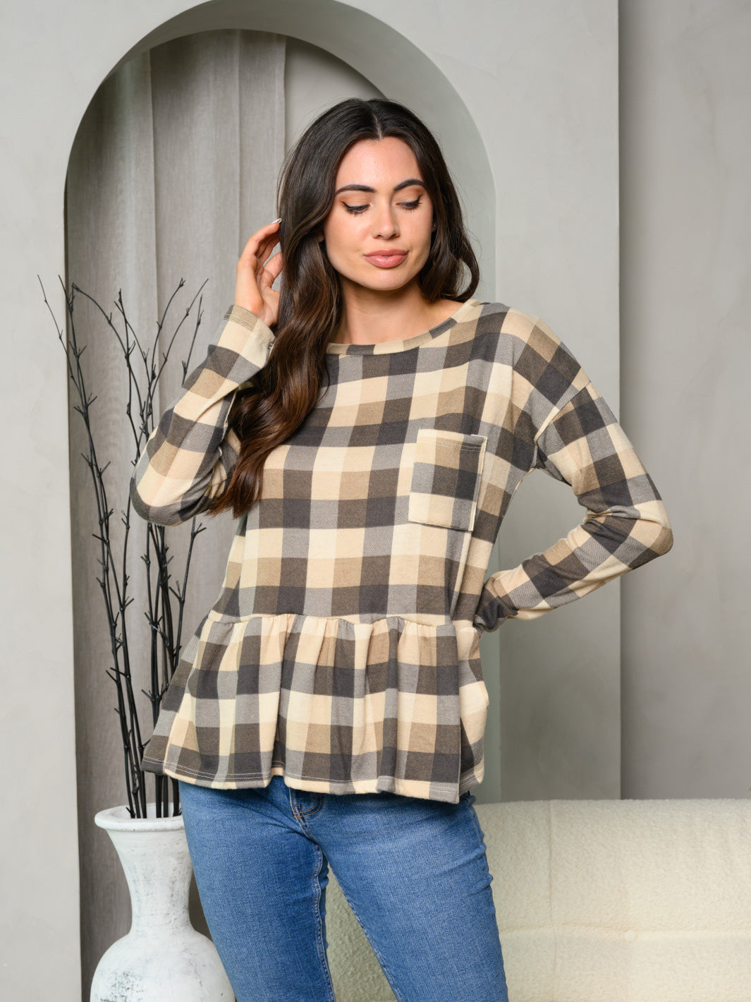 WOMEN'S LONG SLEEVE FRONT POCKET PLAID PEPLUM TOP