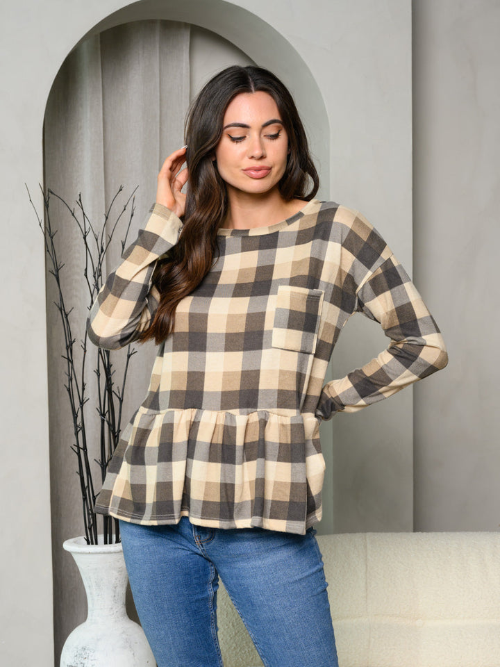 WOMEN'S LONG SLEEVE FRONT POCKET PLAID PEPLUM TOP