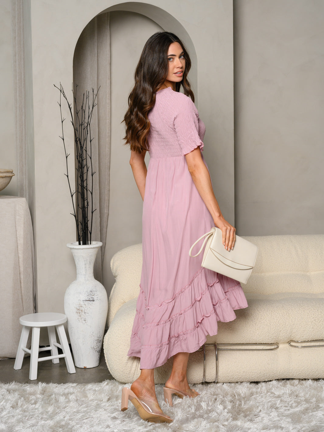 WOMEN'S SHORT SLEEVE SURPLICE BODICE TIERED HI-LO DRESS