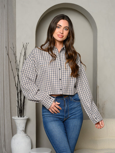 WOMEN'S LONG SLEEVE BUTTON UP SELF TIE PLAID TOP