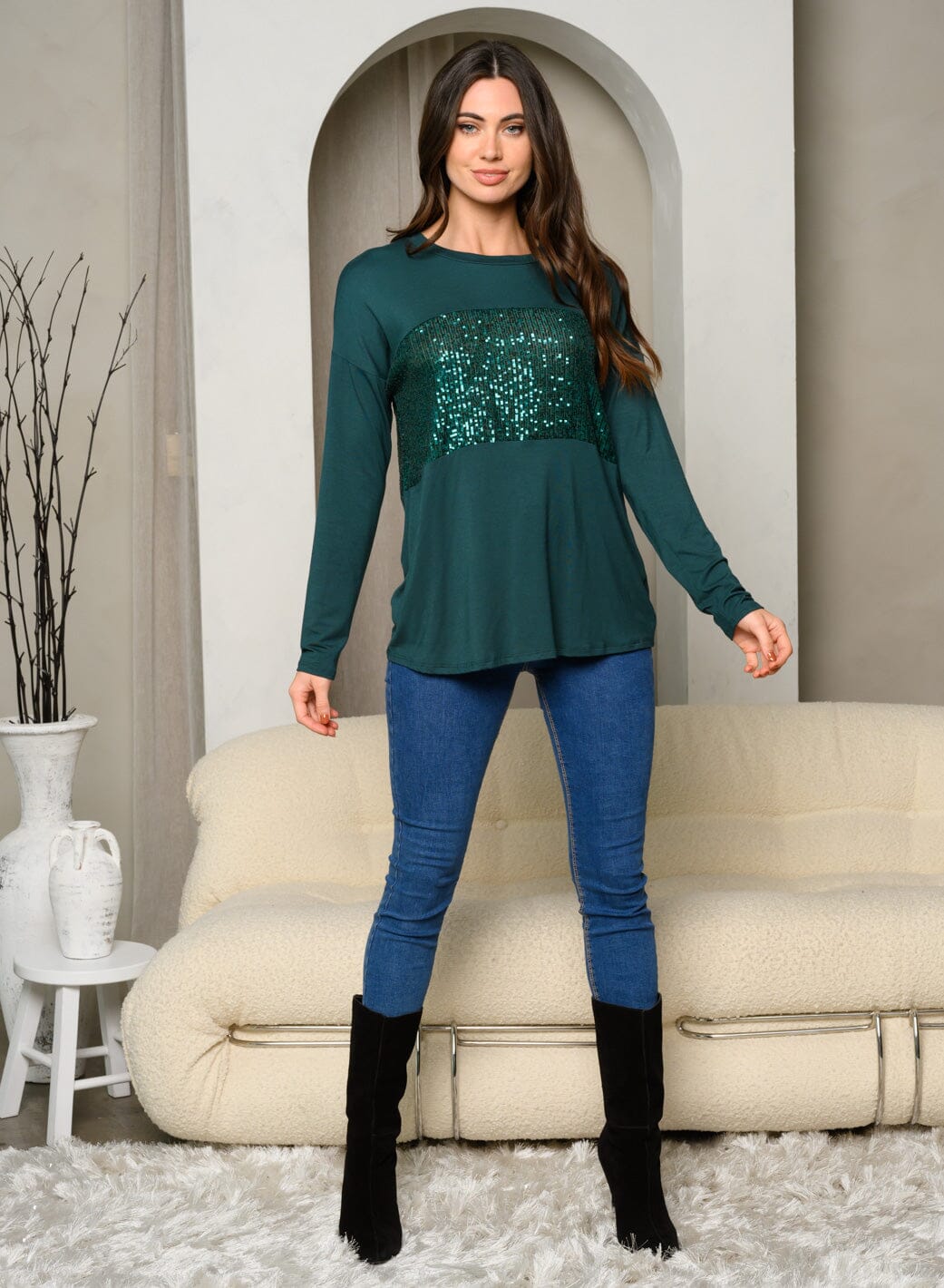 WOMEN'S LONG SLEEVE SEQUINS TUNIC TOP
