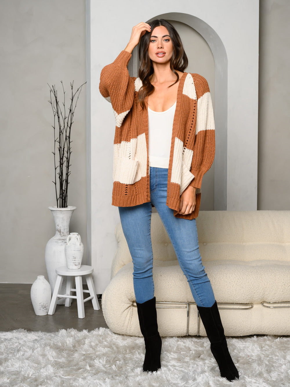 WOMEN'S LONG SLEEVE POCKETS OPEN FRONT KNIT COLORBLOCK CARDIGAN