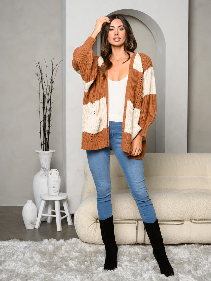WOMEN'S LONG SLEEVE POCKETS OPEN FRONT KNIT COLORBLOCK CARDIGAN