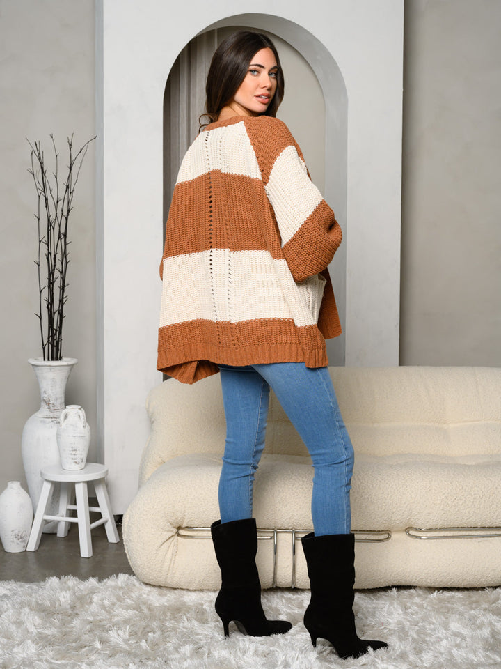 WOMEN'S LONG SLEEVE POCKETS OPEN FRONT KNIT COLORBLOCK CARDIGAN