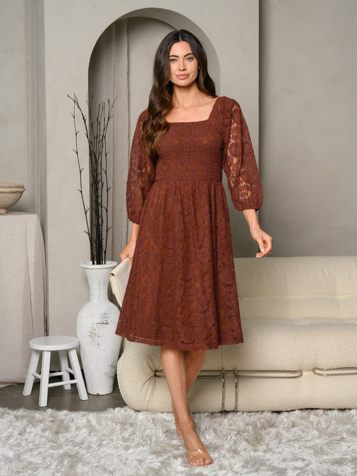 WOMEN'S 3/4 SLEEVE SQUARE NECK SMOCK LACE MIDI DRESS