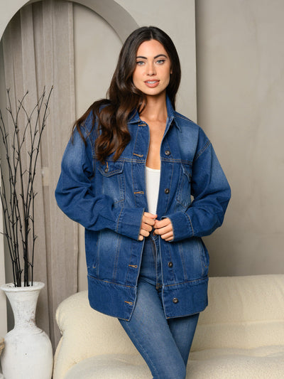 WOMEN'S LONG SLEEVE DENIM BUTTON UP WASHED FRONT POCKET BACK CUT OUT JACKET