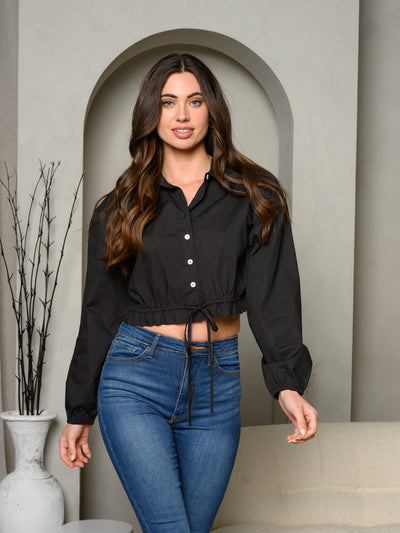 WOMEN'S LONG SLEEVE COLLAR BUTTON UP WAIST TIE TOP