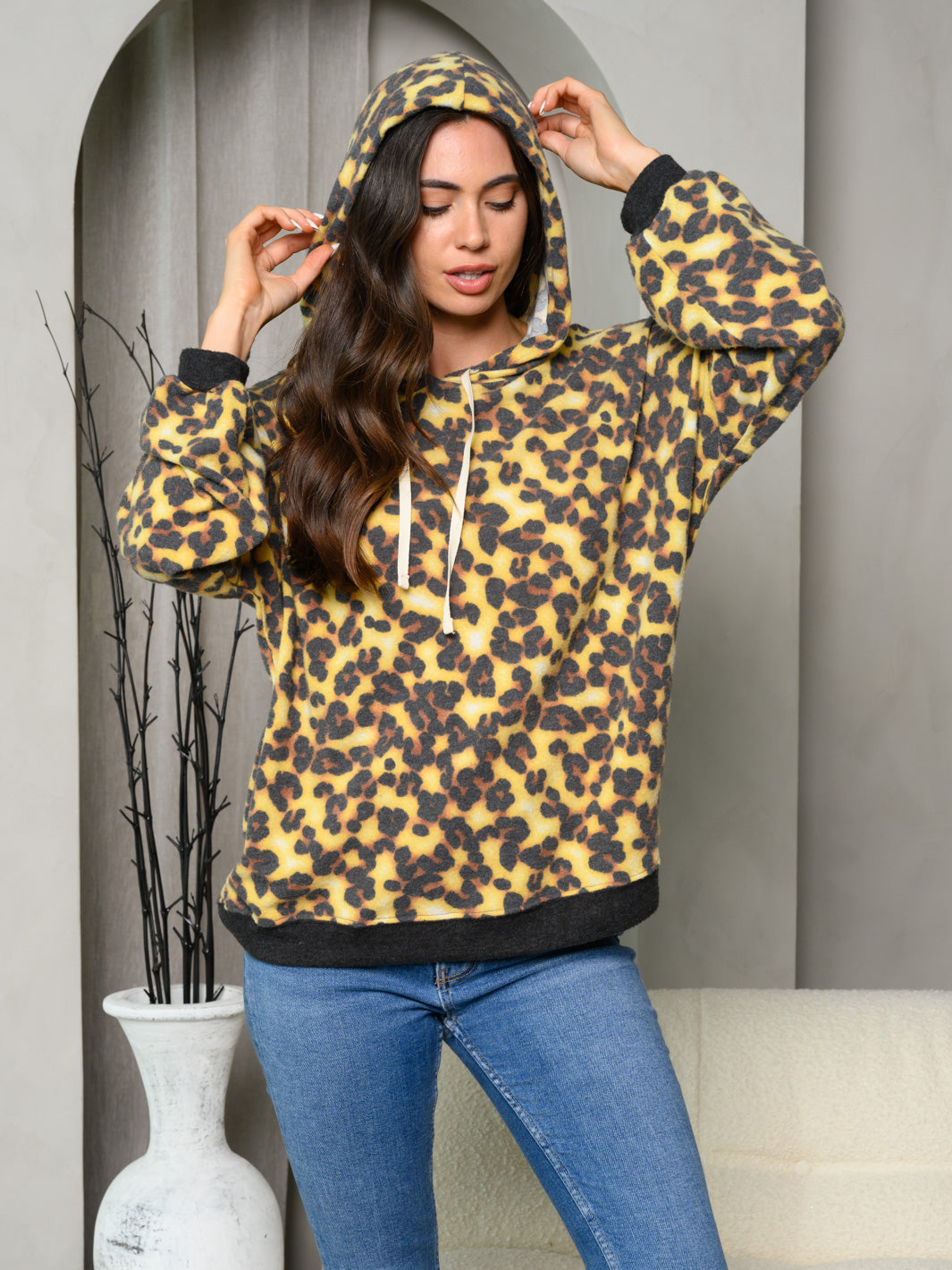 WOMEN'S LONG SLEEVE LEOPARD PRINT HOODIE TOP