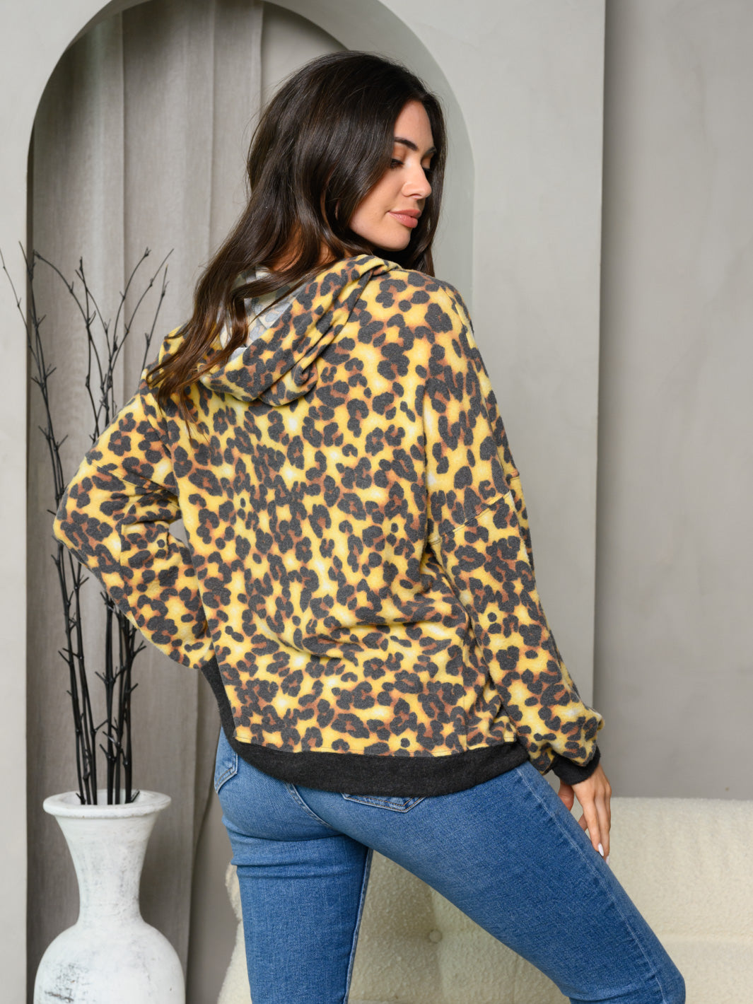 WOMEN'S LONG SLEEVE LEOPARD PRINT HOODIE TOP