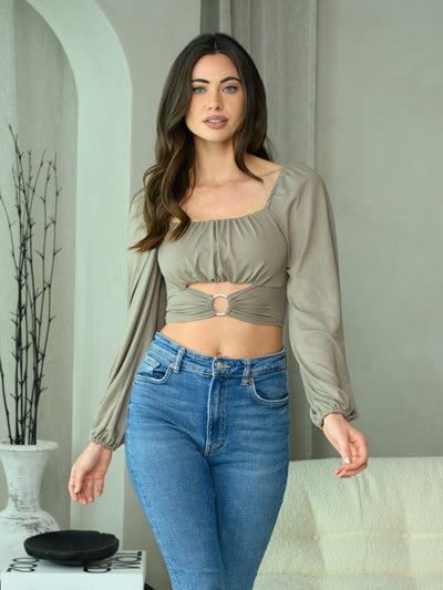 WOMEN'S LONG SLEEVE SQUARE NECK FRONT CUT OUT CROP TOP