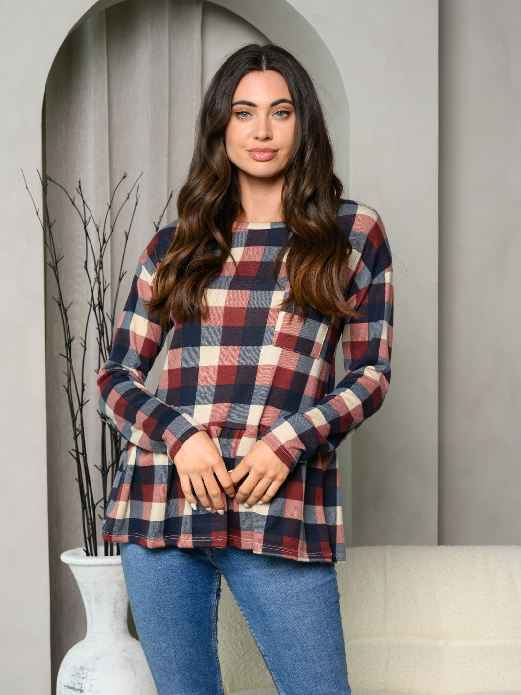 WOMEN'S LONG SLEEVE FRONT POCKET PLAID PEPLUM TOP