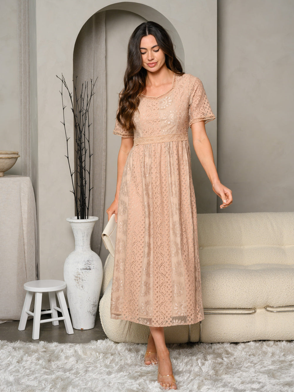 WOMEN'S SHORT SLEEVE LACE MIDI DRESS