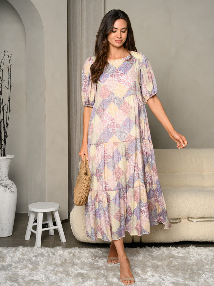 WOMEN'S SHORT [UFF SLEEVE MULTI PRINT TIERED MAXI DRESS