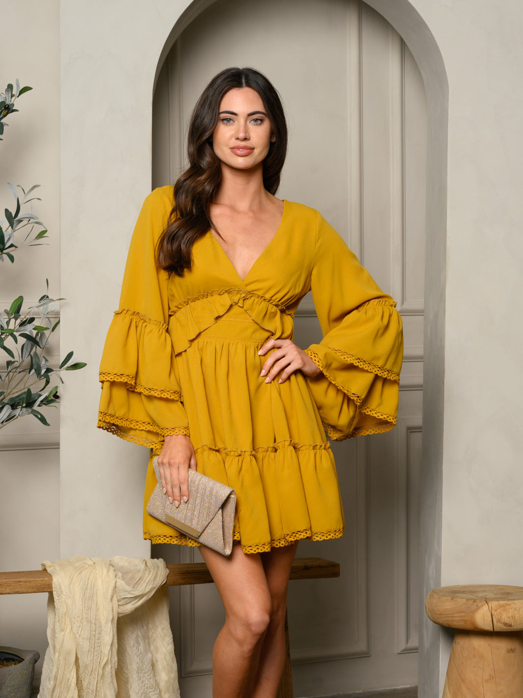 WOMEN'S LONG BELL SLEEVE V-NECK RUFFLE MINI DRESS