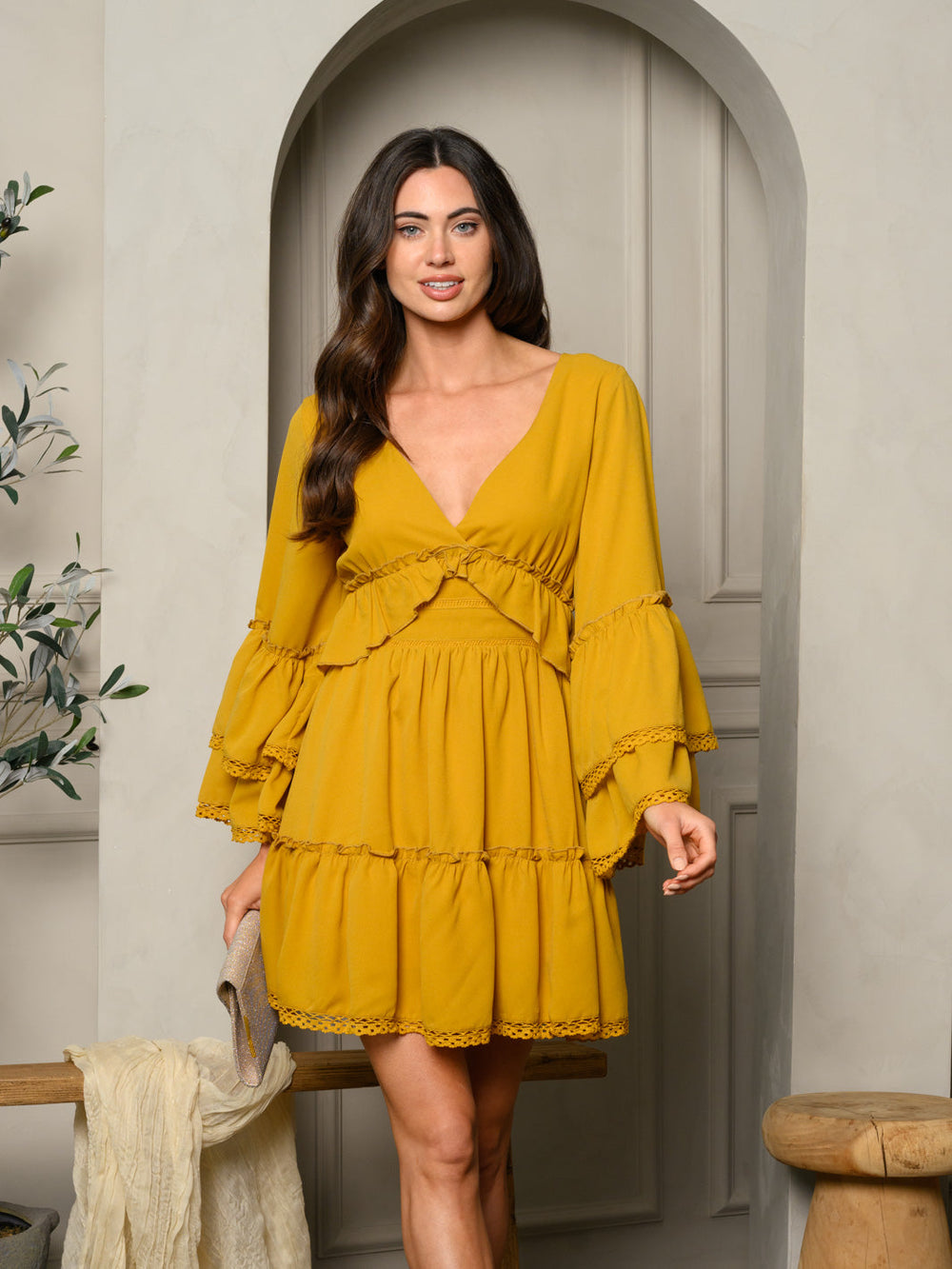 WOMEN'S LONG BELL SLEEVE V-NECK RUFFLE MINI DRESS