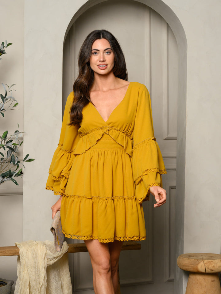 WOMEN'S LONG BELL SLEEVE V-NECK RUFFLE MINI DRESS