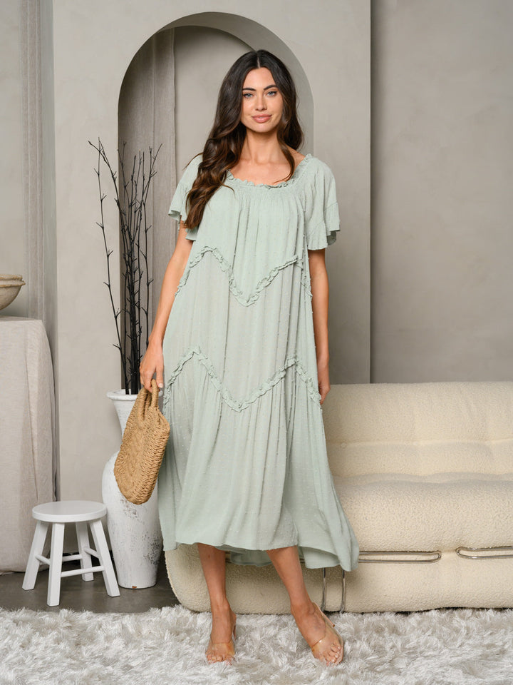 WOMEN'S SHORT SLEEVE RUFFLE SWISS DOT MAXI DRESS