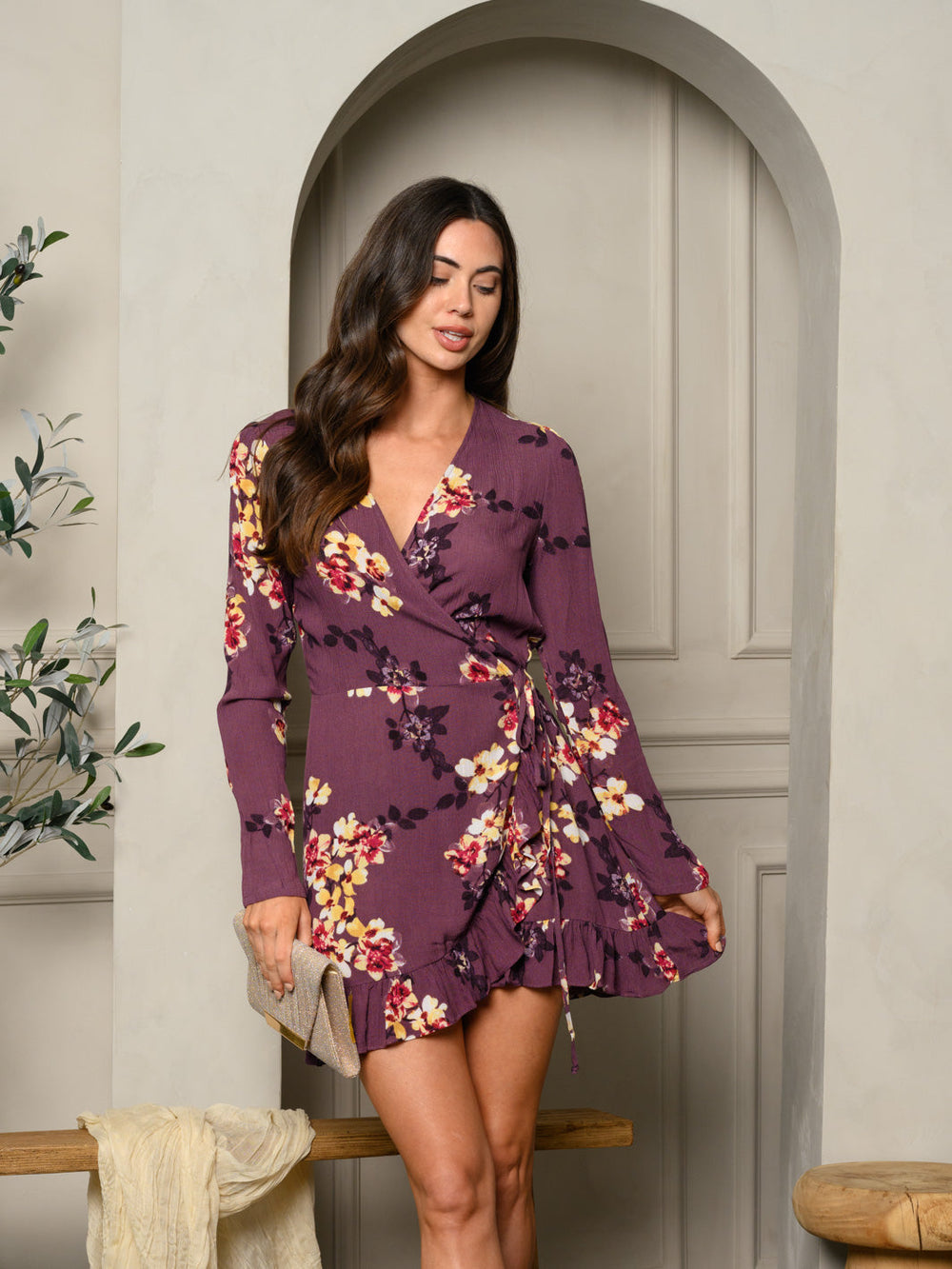 WOMEN'S LONG SLEEVE FLORAL WRAP MINI DRESS