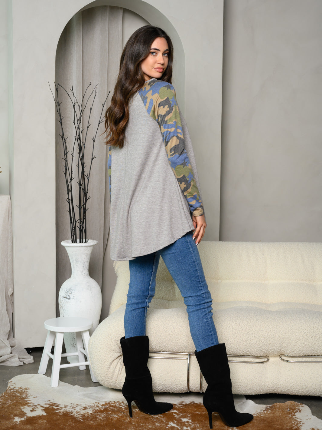 WOMEN'S LONG SLEEVES CAMO PRINT TUNIC TOP