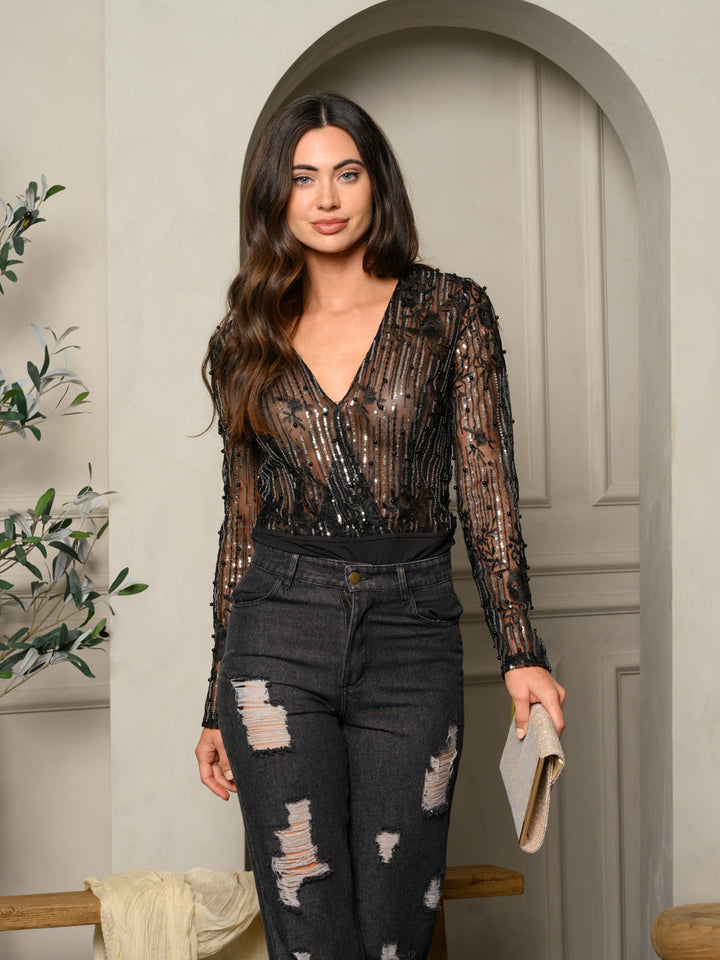 WOMEN'S LONG SLEEVE V-NECK BEADED LACE BODYSUIT