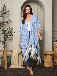 WOMEN'S SHORT SLEEVE MULTI PRINT FRINGE KIMONO