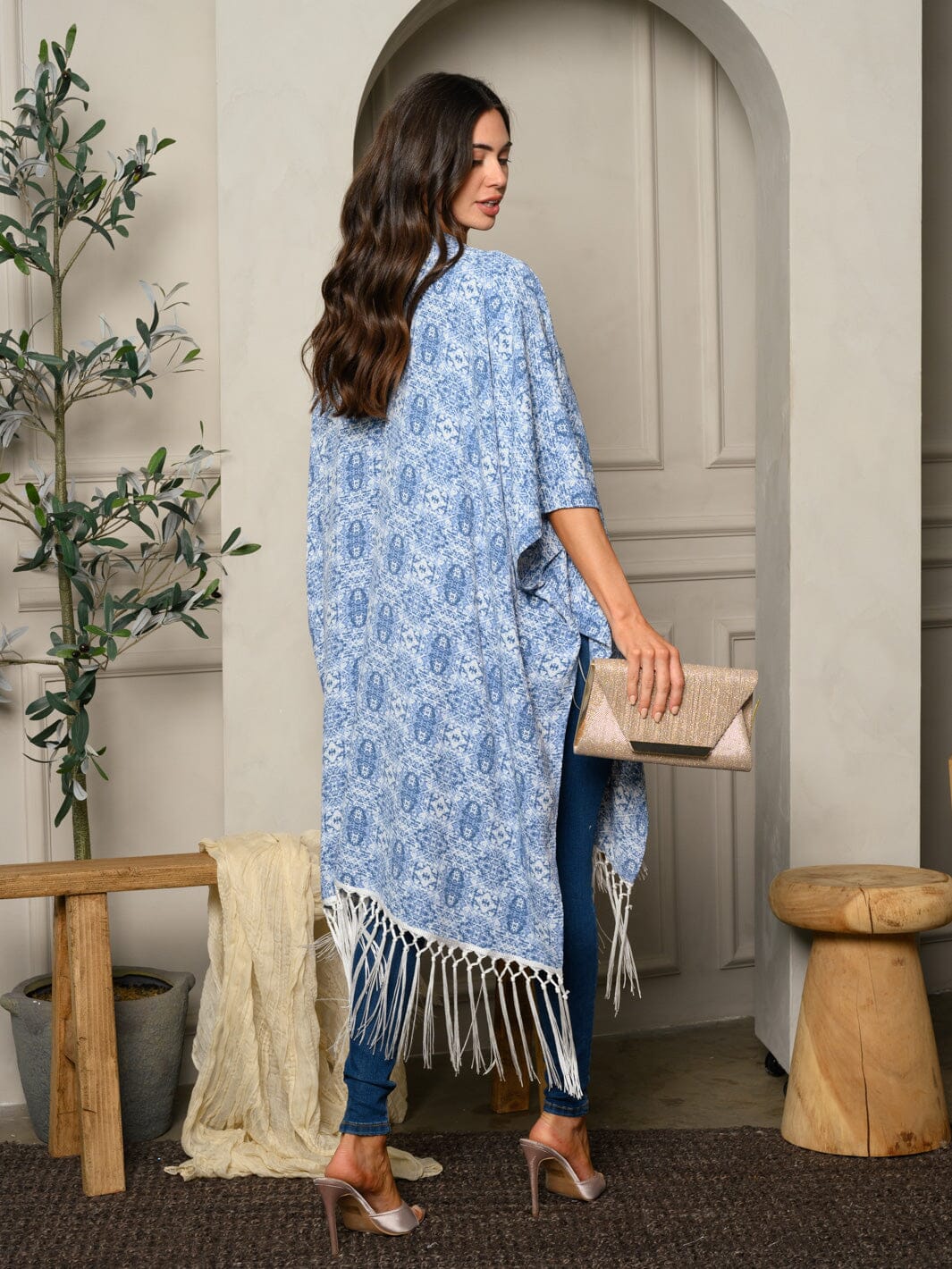 WOMEN'S SHORT SLEEVE MULTI PRINT FRINGE KIMONO