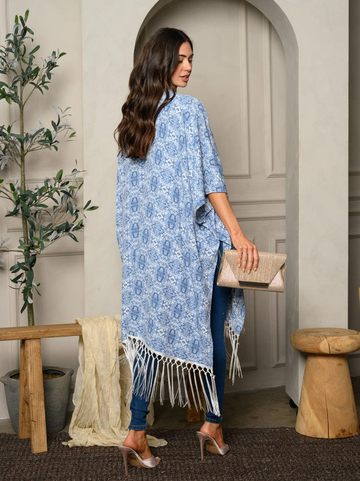 WOMEN'S SHORT SLEEVE MULTI PRINT FRINGE KIMONO