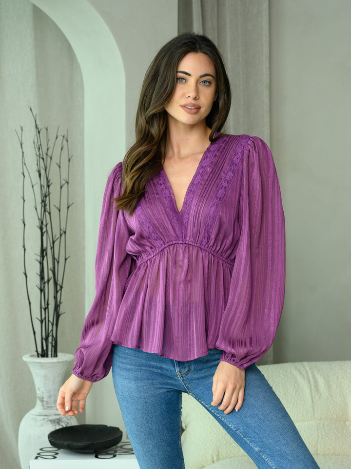 WOMEN'S LONG PUFF SLEEVE V-NECK SHIMMER DETAILED TOP