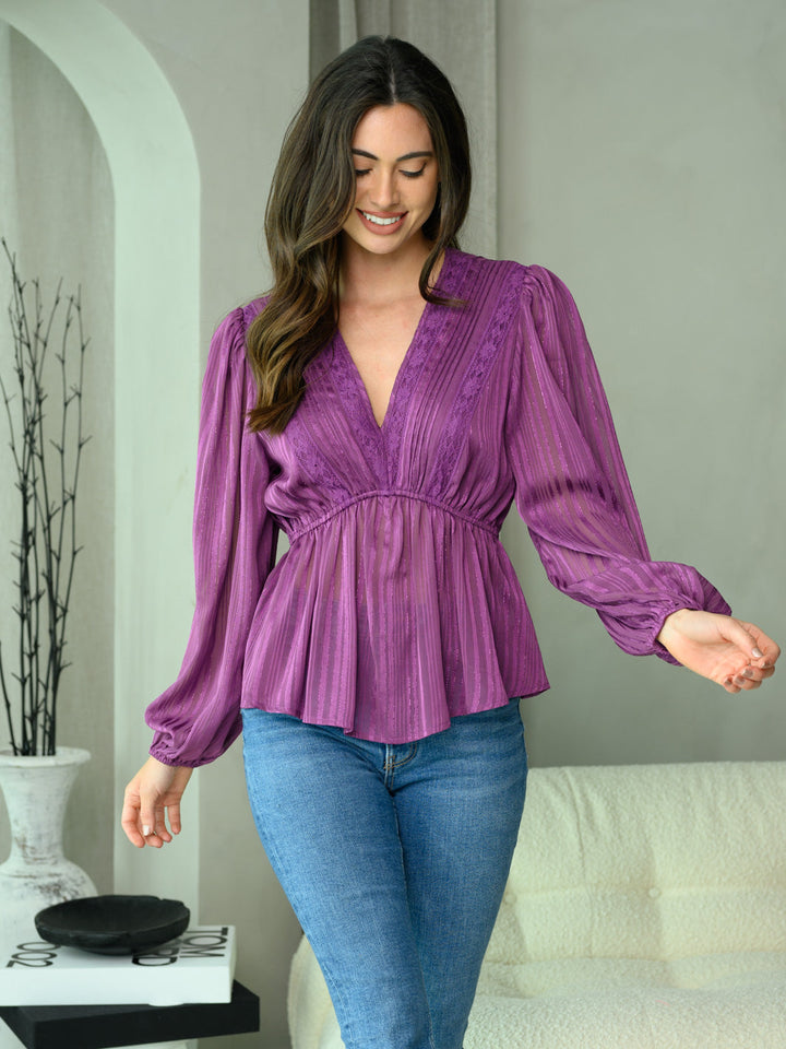 WOMEN'S LONG PUFF SLEEVE V-NECK SHIMMER DETAILED TOP