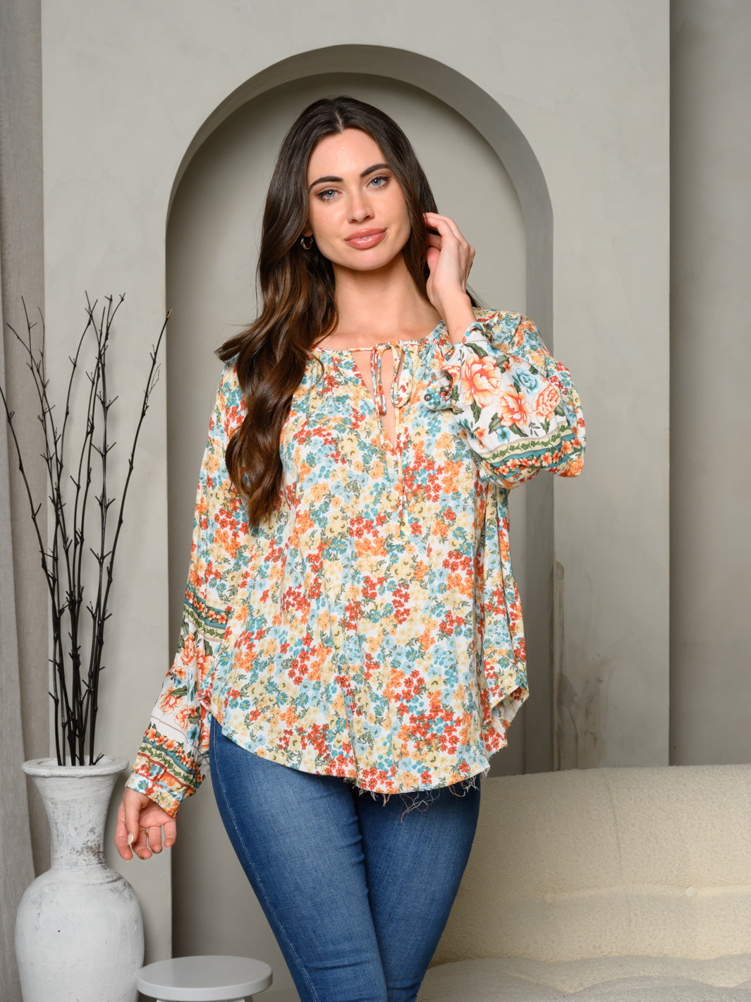 WOMEN'S LONG SLEEVE FLORAL TUNIC TOP