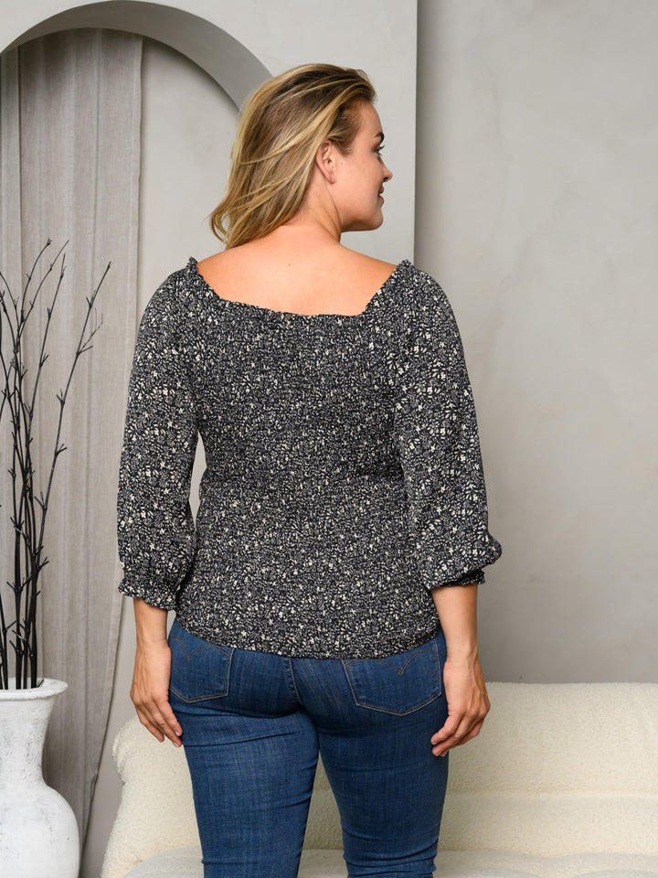 PLUS SIZE 3/4 SLEEVE SQUARE NECK FLORAL TOP