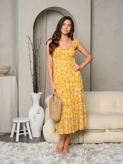 WOMEN'S SLEEVELESS SMOCKED TIERED FLORAL PRINT MIDI DRESS