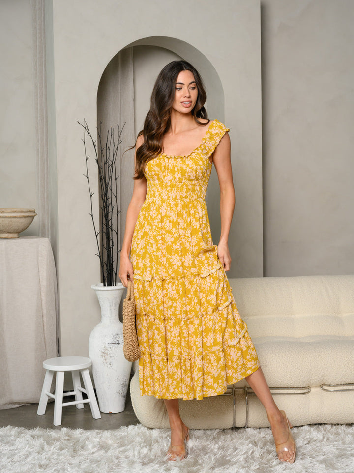 WOMEN'S SLEEVELESS SMOCKED TIERED FLORAL PRINT MIDI DRESS