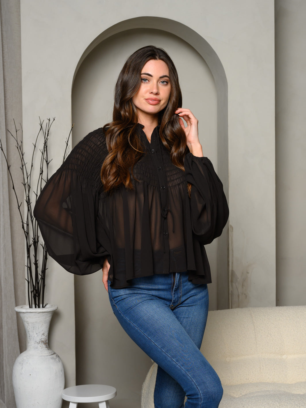 WOMEN'S LONG PUFF SLEEVE TUNIC BLOUSE TOP