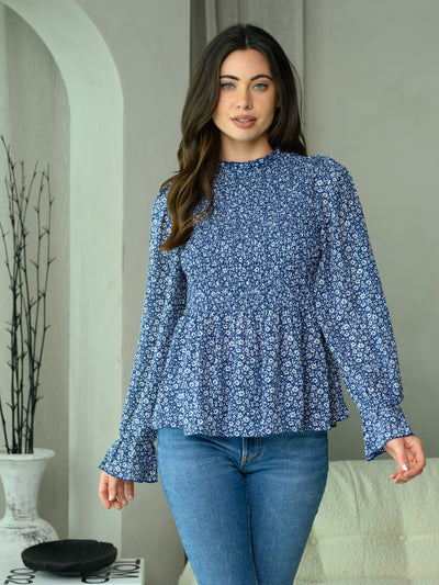 WOMEN'S LONG SLEEVE SMOCK FLORAL TOP