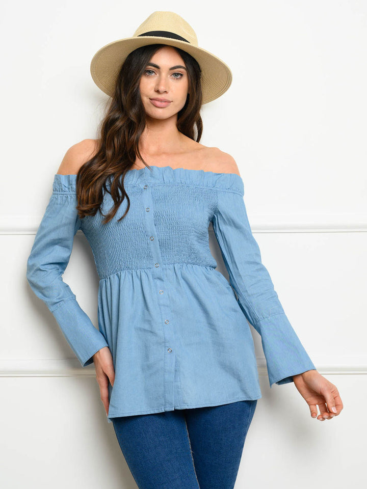WOMEN'S OFF SHOULDER LONG SLEEVE DENIM SMOCK TOP
