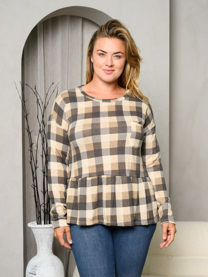 PLUS SIZE LONG SLEEVE FRONT POCKET PLAID PEPLUM TOP