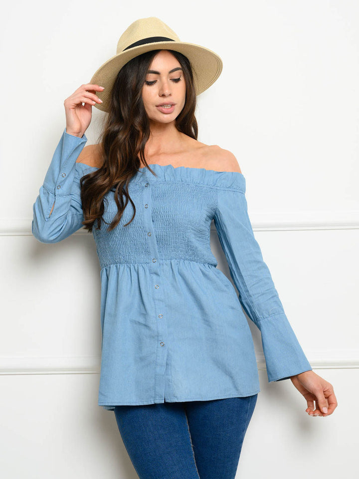WOMEN'S OFF SHOULDER LONG SLEEVE DENIM SMOCK TOP